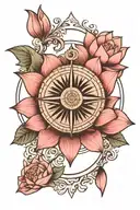 Pink blooming lotus flower and compass tattoo design idea