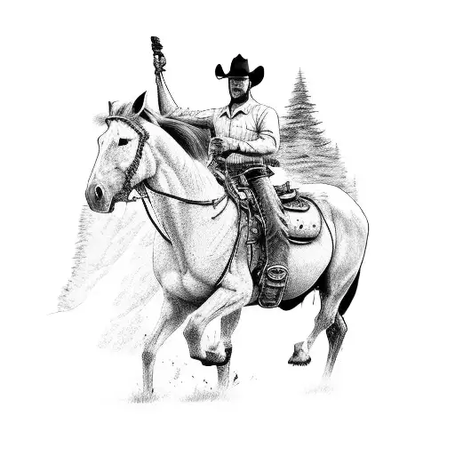 A cowboy riding a wild horse in front of a mountain landscape tattoo design idea