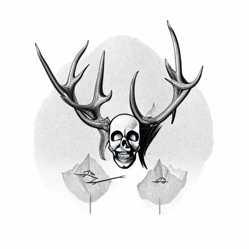 A skull with antlers surrounded by fishing hooks and hunting arrows tattoo design idea