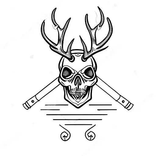 A skull with antlers surrounded by fishing hooks and hunting arrows tattoo design idea