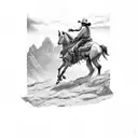 A cowboy riding a wild horse in front of a mountain landscape tattoo design idea