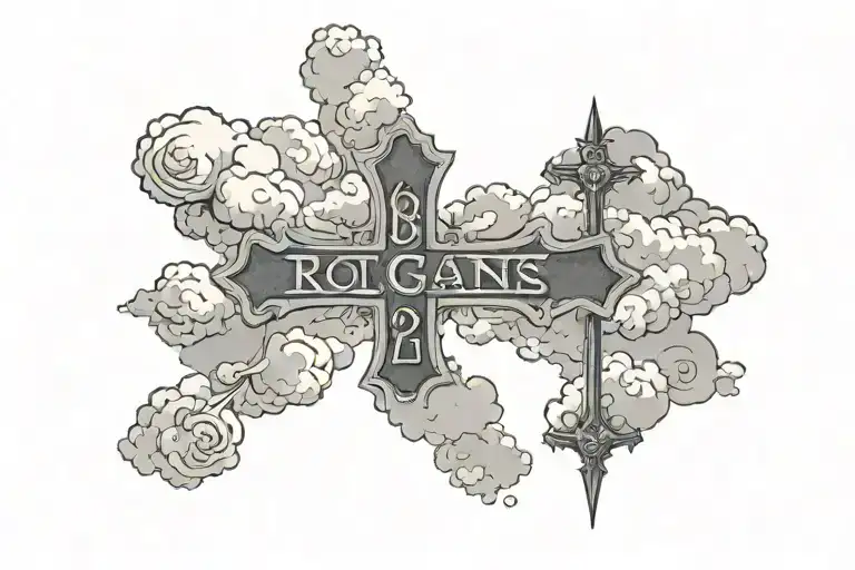 the bible verse Romans 8:29 with a cross on too and clouds around it tattoo design idea