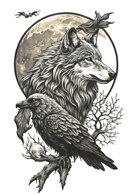 wolf, raven and full moon tattoo design idea