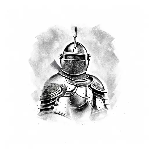 At the center of the back piece, a weary but resolute knight in battered and repaired armor stands strong. tattoo design idea