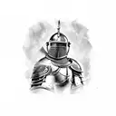 At the center of the back piece, a weary but resolute knight in battered and repaired armor stands strong. tattoo design idea