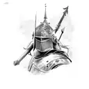 At the center of the back piece, a weary but resolute knight in battered and repaired armor stands strong. tattoo design idea