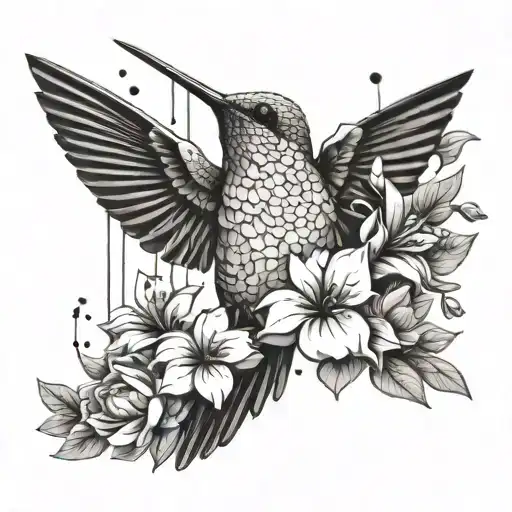 hummingbird in the rain with flowers tattoo design idea