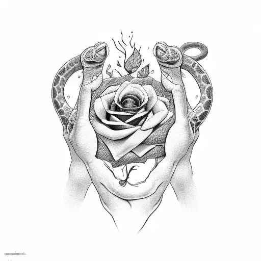 two hands pointing at each other the left one has a rose in its hand the right one has a snake wrapped around tattoo design idea