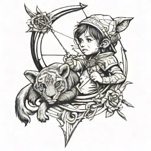 A stylized portrait of your child's favorite animal with a bow and arrow, representing your love for archery and being a dad tattoo design idea