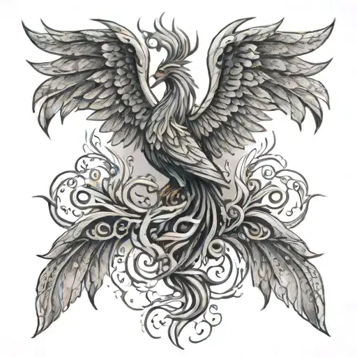 A tattoo of a phoenix rising from intertwined flames, representing resilience and the power of love to overcome obstacles, with a dark and intricate dotwork style tattoo design idea