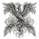 A tattoo of a phoenix rising from intertwined flames, representing resilience and the power of love to overcome obstacles, with a dark and intricate dotwork style tattoo design idea