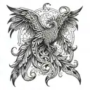 A tattoo of a phoenix rising from intertwined flames, representing resilience and the power of love to overcome obstacles, with a dark and intricate dotwork style tattoo design idea