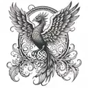 A tattoo of a phoenix rising from intertwined flames, representing resilience and the power of love to overcome obstacles, with a dark and intricate dotwork style tattoo design idea