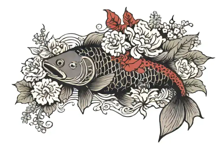 red carp kpug and plants rectangular tattoo with flowers and one carp colored with hieroglyphs tattoo design idea