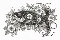 red carp kpug and plants rectangular tattoo with flowers and one carp colored with hieroglyphs tattoo design idea
