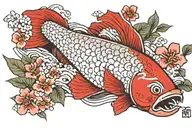 red carp kpug and plants rectangular tattoo with flowers and one carp colored with hieroglyphs sakura and japan flag waves tattoo design idea