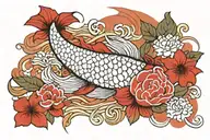 red carp kpug and plants rectangular tattoo with flowers and one carp colored with hieroglyphs sakura and japan flag waves tattoo design idea