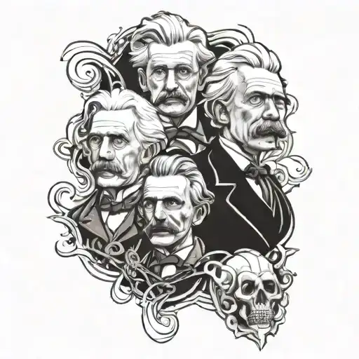 nikola tesla & albert einstein chest tattoo with skull heads tattoo design idea