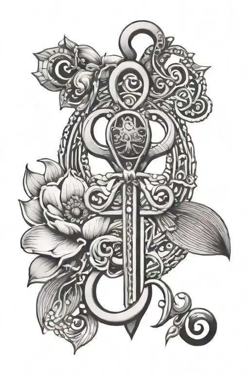 dainty ankh symbol with small scarab beetle and lotus flower tattoo design idea