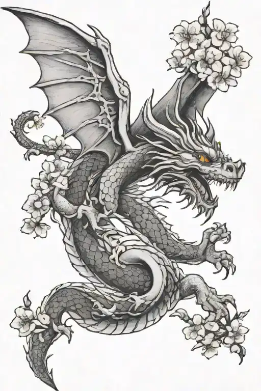 feminine dragon flying vertically up into the sky with cherry blossom tattoo design idea