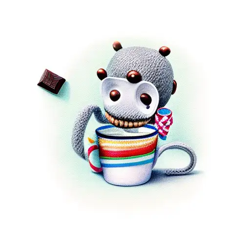 Sock monkey holding a cup of chocolate milk tattoo design idea