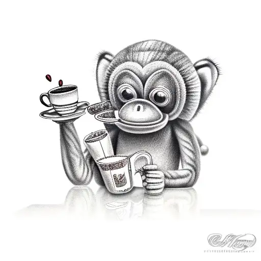 Sock monkey holding a cup of chocolate milk tattoo design idea