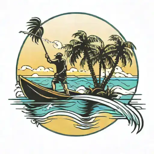 lake scene featuring a palm tree and grabfather silhouette and a sword and water skiing  tattoo design idea