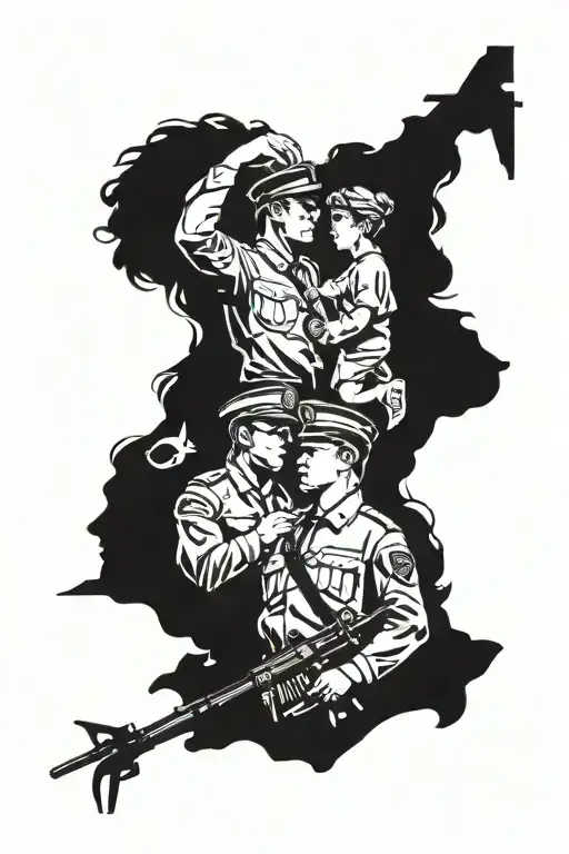 above, a large silhouette of a military man, below, the silhouette of a mother, father, 2 daughters holding hands tattoo design idea