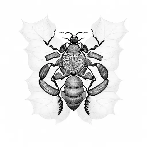 An artistic blackwork tattoo showcasing a wall of ivy leaves intertwined with handwritten scrolls and a scarab beetle with vibrant red accents tattoo design idea