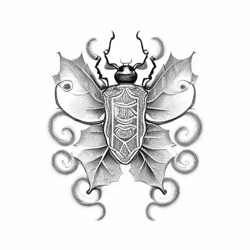 An artistic blackwork tattoo showcasing a wall of ivy leaves intertwined with handwritten scrolls and a scarab beetle with vibrant red accents tattoo design idea