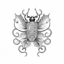 An artistic blackwork tattoo showcasing a wall of ivy leaves intertwined with handwritten scrolls and a scarab beetle with vibrant red accents tattoo design idea