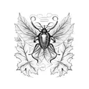 An artistic blackwork tattoo showcasing a wall of ivy leaves intertwined with handwritten scrolls and a scarab beetle with vibrant red accents tattoo design idea