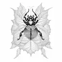 An artistic blackwork tattoo showcasing a wall of ivy leaves intertwined with handwritten scrolls and a scarab beetle with vibrant red accents tattoo design idea