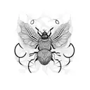 An artistic blackwork tattoo showcasing a wall of ivy leaves intertwined with handwritten scrolls and a scarab beetle with vibrant red accents tattoo design idea