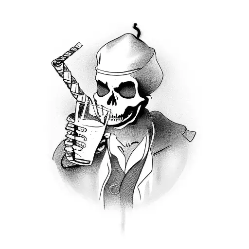 western skeleton with a drink and cigarette at a bar tattoo design idea