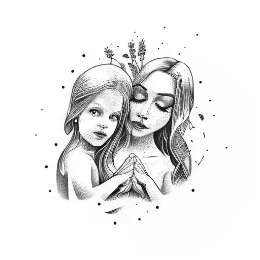 A whimsical design featuring a mother and daughter holding hands surrounded by butterflies and lilacs tattoo design idea