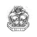 skull couple inside of coffin with roses around and says til death do us part  tattoo design idea
