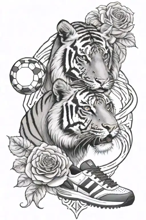 Jesus Christ and soccer and a tiger and the names Juan and Norma inside a rose tattoo design idea