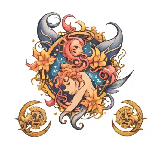 Tattoo of Aquarius, Pisces, and cancer zodiac symbols fused together tattoo design idea