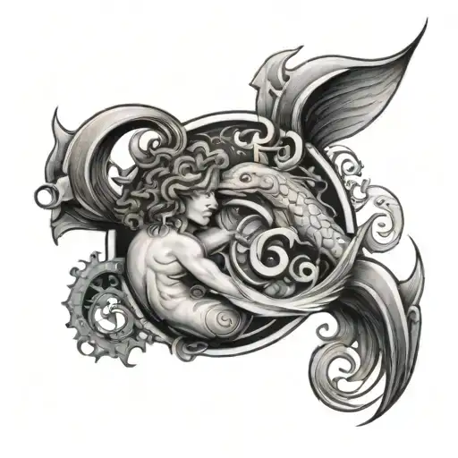 Tattoo of Aquarius, Pisces, and cancer zodiac symbols combined into one image tattoo design idea
