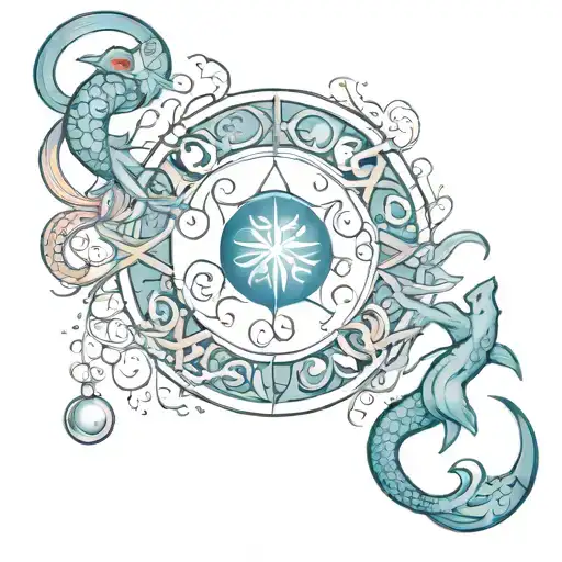 Tattoo of Aquarius, Pisces, and cancer zodiac symbols combined into one image tattoo design idea