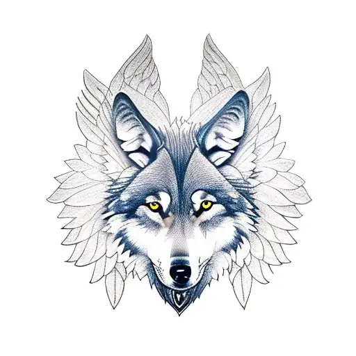 two loving wolves, a lotus emblem with wings above their heads  tattoo design idea
