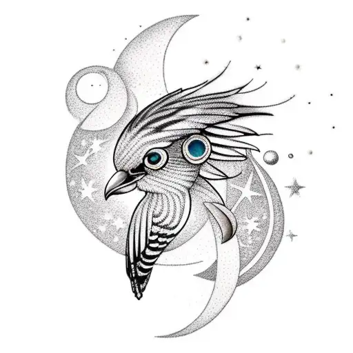 A hoopoe bird flying up a from earnest with a crescent moon in the sky and pearls around  tattoo design idea