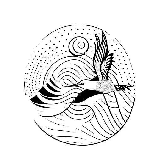 A hoopoe bird flying over a serene ocean landscape with a crescent moon in the sky tattoo design idea