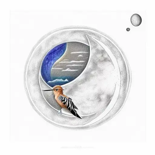 A hoopoe bird flying over a serene ocean landscape with a crescent moon in the sky tattoo design idea