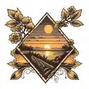 sunset, road into the distance in the middle of a field, in an even square tattoo design idea