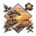 sunset, road into the distance in the middle of a field, in an even square tattoo design idea