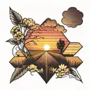 sunset, road into the distance in the middle of a field, in an even square tattoo design idea