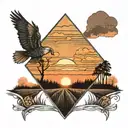 sunset, road into the distance in the middle of a field, in an even square tattoo design idea