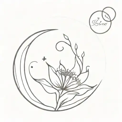 moon circle, one moonflower, with the name Lune tattoo design idea